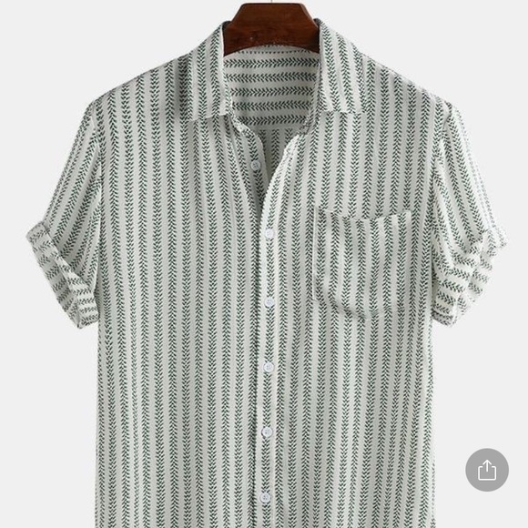 Men's Green and White Casual Button-Down Shirt - Picture 1 of 6